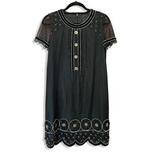 Anna Sui Beaded Sheer Sleeve Dress Black Embellished Designer Dress